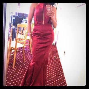 Sexy maroon mermaid dress with slit and high neck
